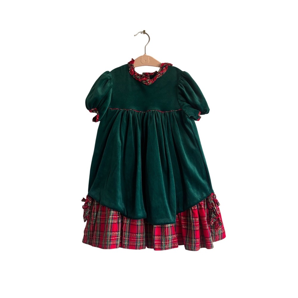Vintage Bryan Kids Green Velvet Red Plaid Christmas Holiday Dress Made in USA
